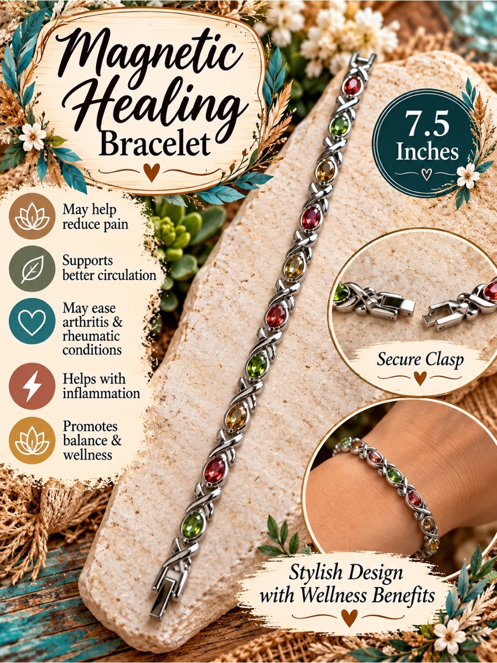 Magnetic Healing Bracelet with Red, Green, and Amber Stones - Stainless Steel